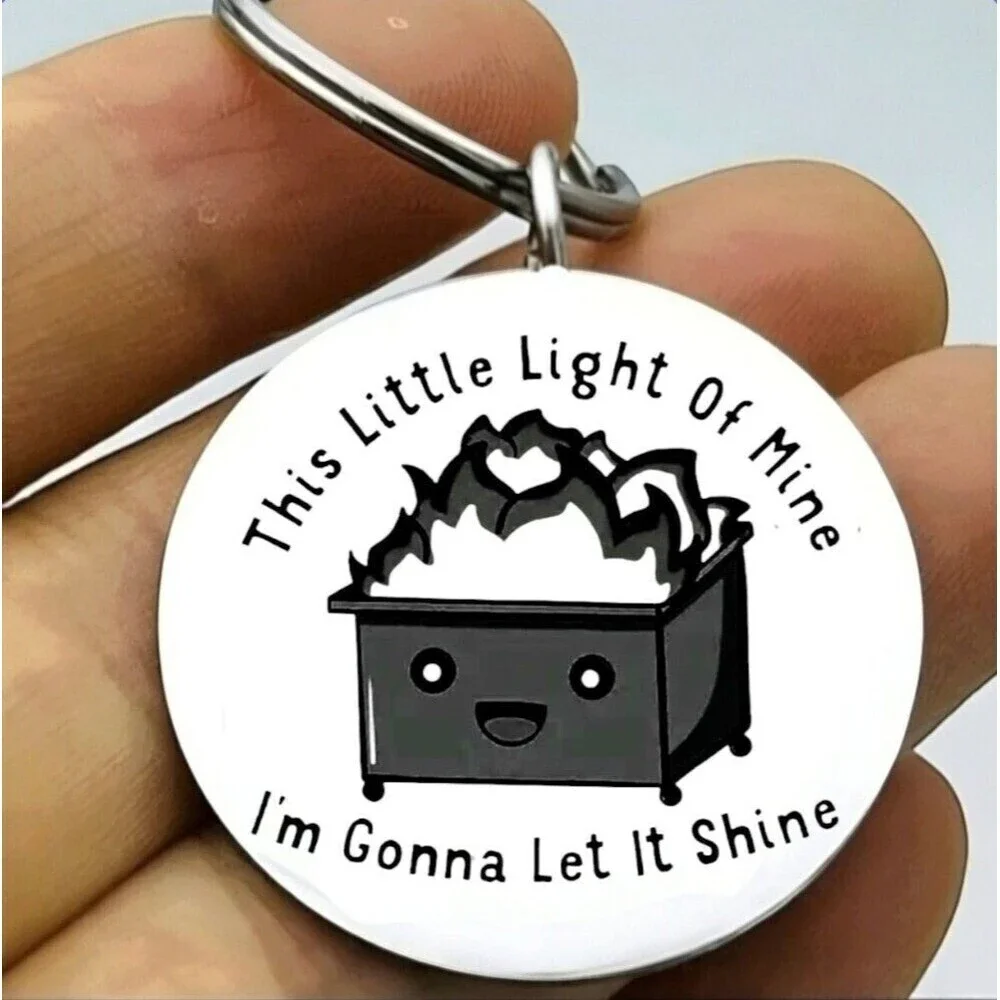 Dumpster Trash Bin On Fire Emoji Stainless Steel Keychain Funny Cute